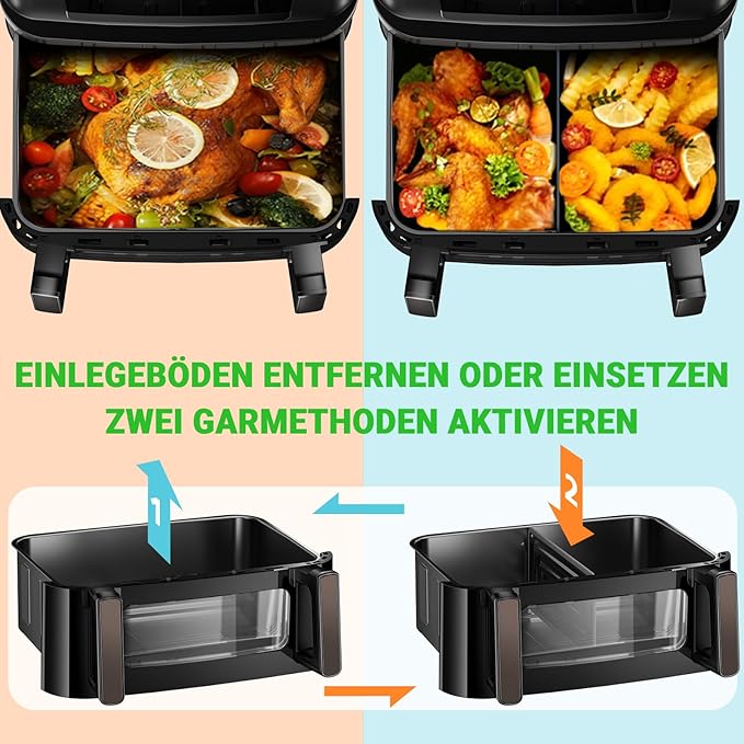 XXL Heißluftfritteuse 12 L Dual Zone Airfryer mit Trennwand, 8 Programme, Touchscreen, Schwarz
