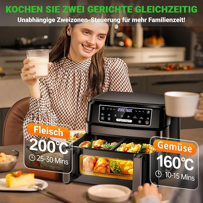 XXL Heißluftfritteuse 12 L Dual Zone Airfryer mit Trennwand, 8 Programme, Touchscreen, Schwarz