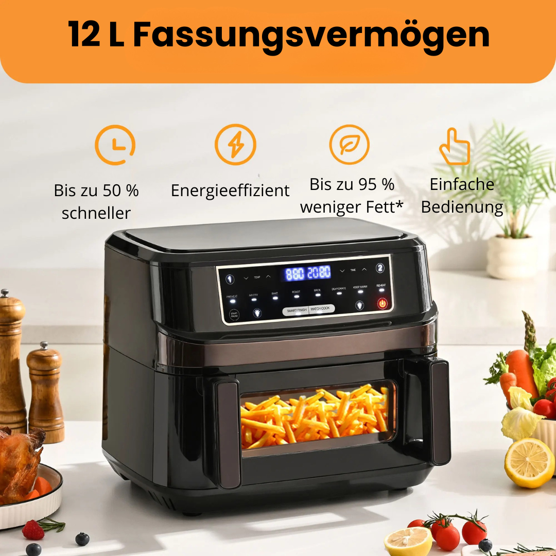 XXL Heißluftfritteuse 12 L Dual Zone Airfryer mit Trennwand, 8 Programme, Touchscreen, Schwarz