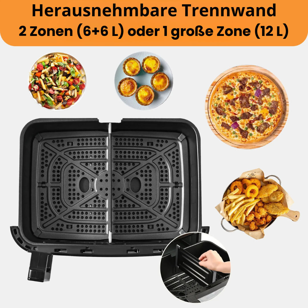 XXL Heißluftfritteuse 12 L Dual Zone Airfryer mit Trennwand, 8 Programme, Touchscreen, Schwarz
