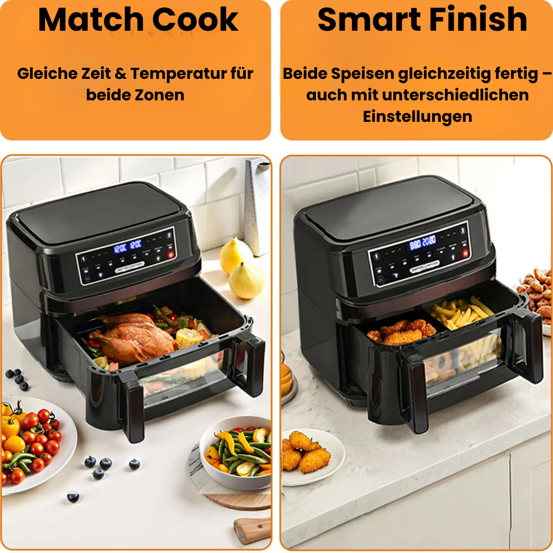 XXL Heißluftfritteuse 12 L Dual Zone Airfryer mit Trennwand, 8 Programme, Touchscreen, Schwarz